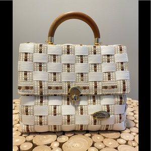 VINTAGE Italian Raffia and Ribbon Woven Handle Bag, Creazioni Alma